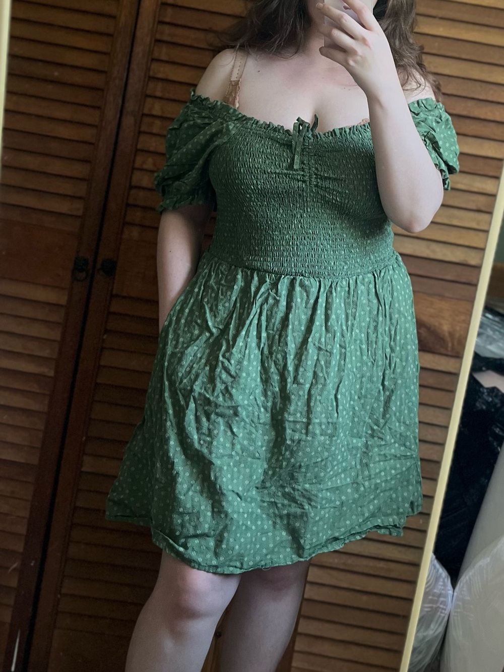 Market & Spruce Green Off-Shoulder Smocked Mini Dress with Subtle Dot Print